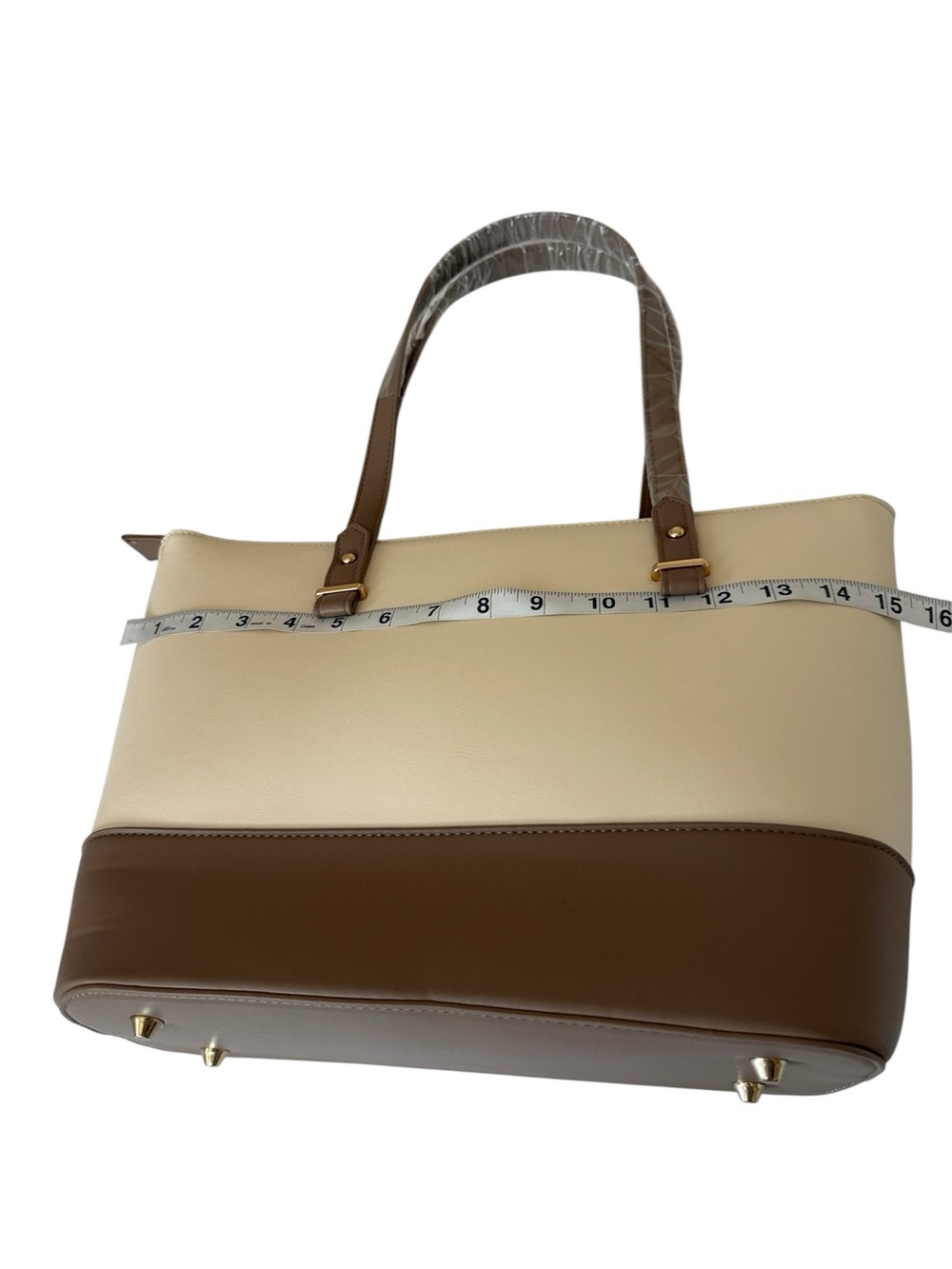 Loulu Elegant Two-Tone Cream /Taupe Structured Tote Bag,faux leather ,15”x10”x5” - Picture 7 of 10